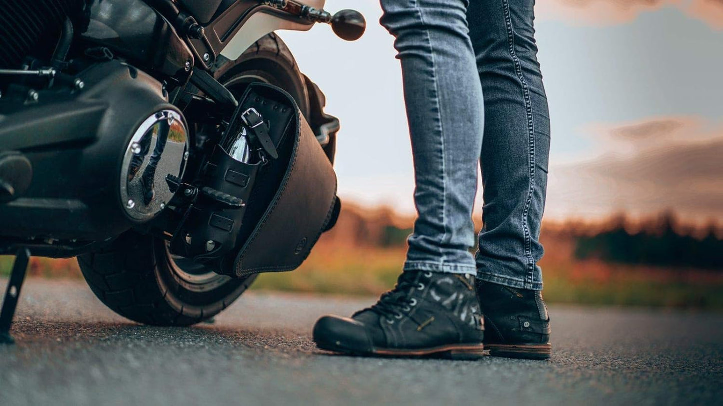 Outsider, motorcycle leather saddle bag for Harley Softail, tool bag with bottle pocket