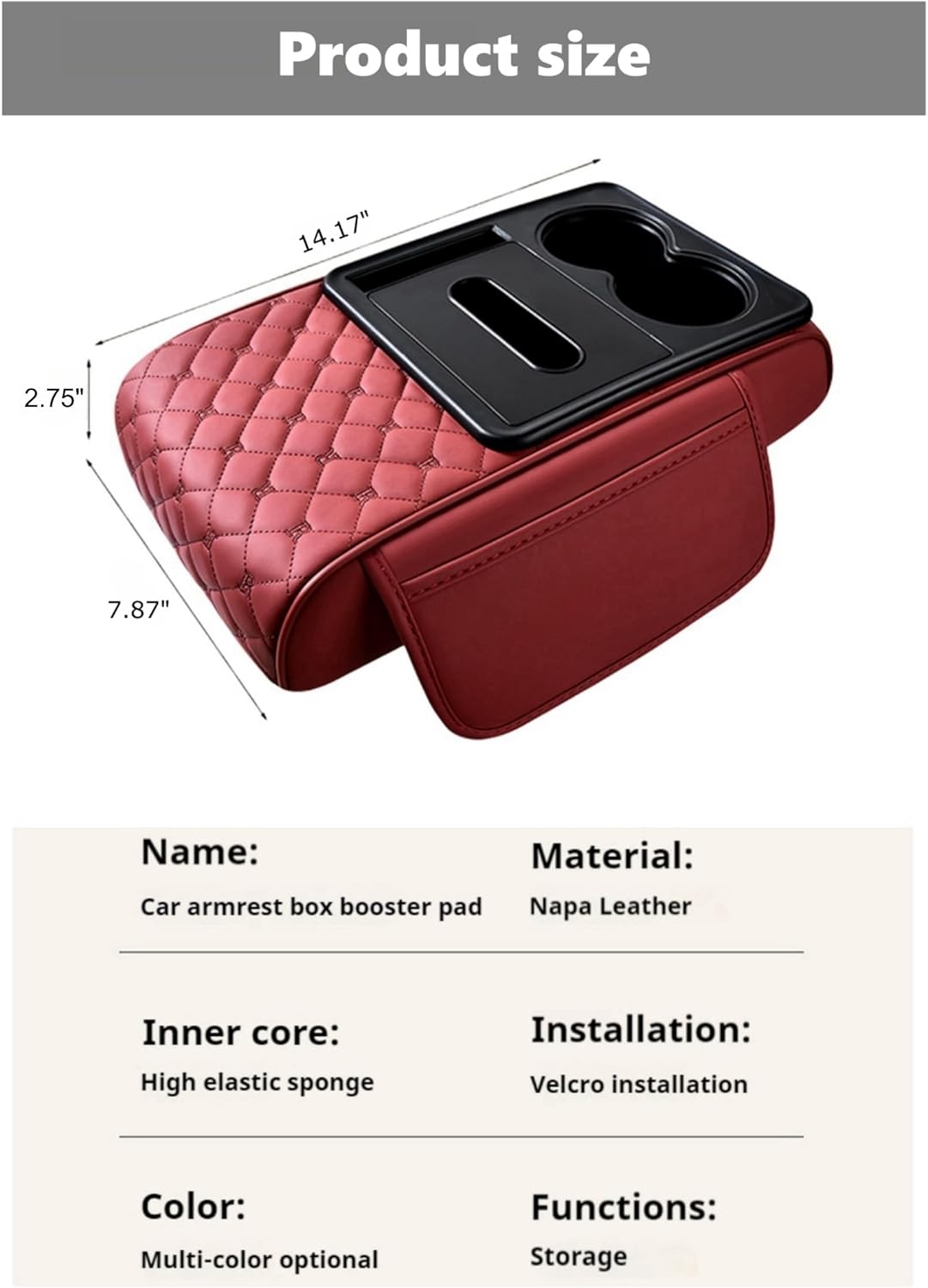 Center Console Cover Organizer, 5-In-1 Arm Rest Cover for Car with Cup Holder & Storage Pocket & Tissue Holder, Armrest Cover Cushion Pad, Grid, Red