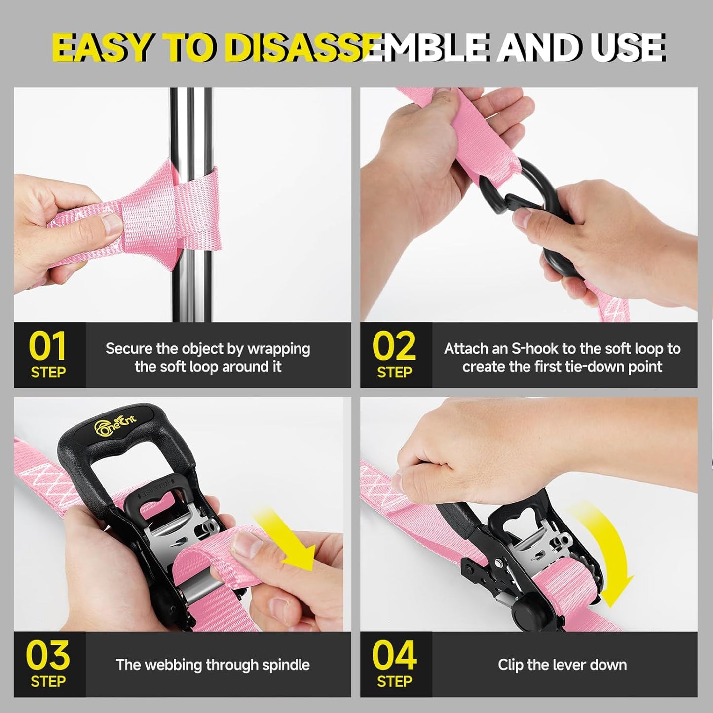 4Pcs Heavy Duty Ratchet Straps-1.6”x16ft Ratchet Strap Tie Down Kit with Padded Handles+Coated S Hooks+Soft Loop Tie-Downs-6000 Pound Break Strength（Pink）