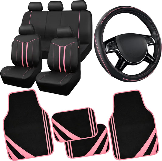 CAR PASS Car Seat Covers Full Set for Women Girls with Waterproof Car Floor Mats,Anti-Slip Leather Steering Wheel Cover,Universal Fit for SUVs,Vans,Trucks,Sedans,Cars (Combo Set,Black & Pink)