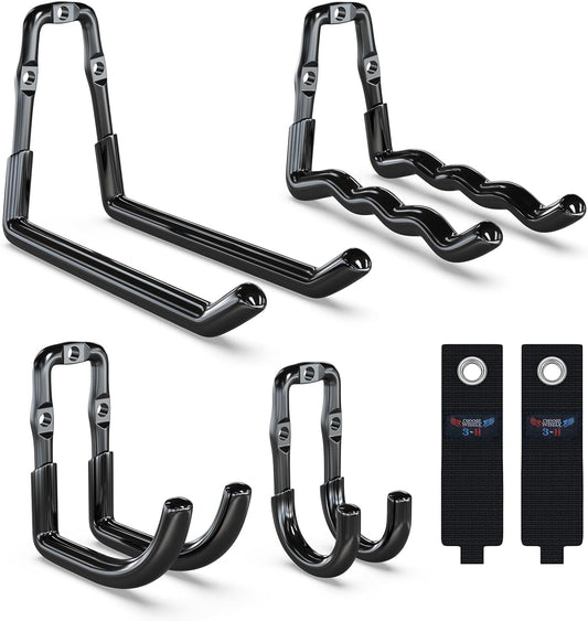 3-H Heavy Duty Garage Hooks 6 Pack, One-Piece Construction Garage Wall Hooks, Garage Hanger & Organizer Wall Mount for Ladders, Bikes, Chairs, WeedEaters, Shovels, Garden Tools (Black)