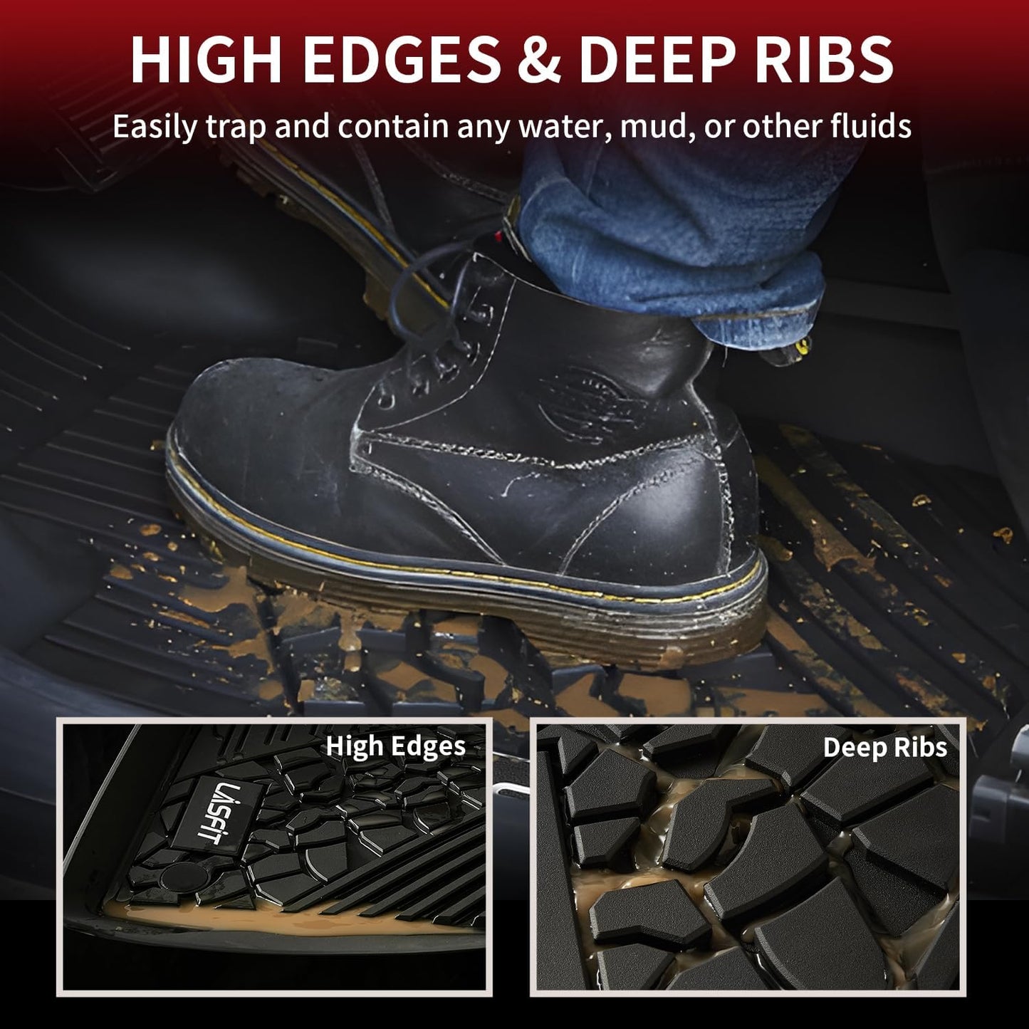 LASFIT Floor Mats for Jeep Wrangler JL 2018-2025 Unlimited 4 Door Gas/MHEV Type (Not Fit for JK or PHEV) All Weather TPE Custom Fit Car Mats Floor Liners 1st & 2nd Row, Black