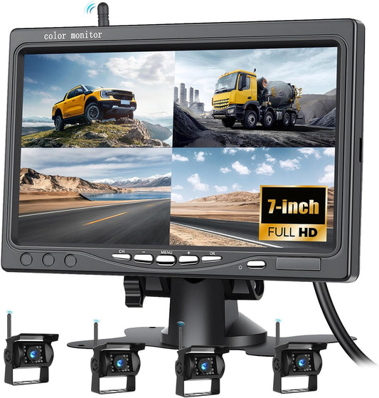 1080P Wireless RV Backup Camera System,7 Inch Reverse Camera Monitor for 4 Channels with IP69 Waterproof Night Vision Backup Camera Front Rear View Camera for Truck/RV/Van/SUV/Pickup