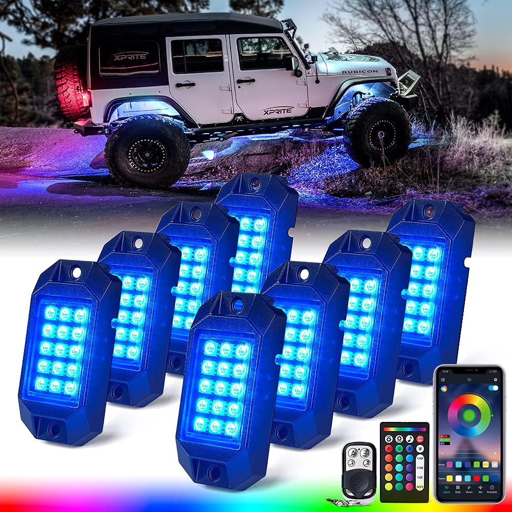 Xprite RGB Bluetooth Rock Lights Kit, Multicolor Neon Lighting Cars Underglow Footwell Wheel Well Light Pods, w/RF Remote Controller for Off-Road, Trucks, UTV, ATV, SUV, RZR, Motorcycles, Boat 8 PCS