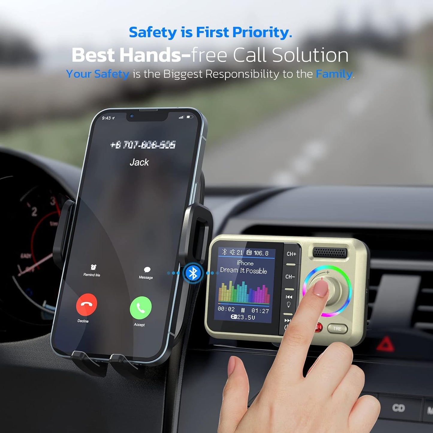 Nulaxy Bluetooth FM Transmitter for Car, Wireless Car Bluetooth Adapter with Big Color Screen, Support QC3.0 Fast Charging, Hands-Free Call, MP3 Music Player BASS&TRE Booster, TF Card AUX-KM28 Yellow