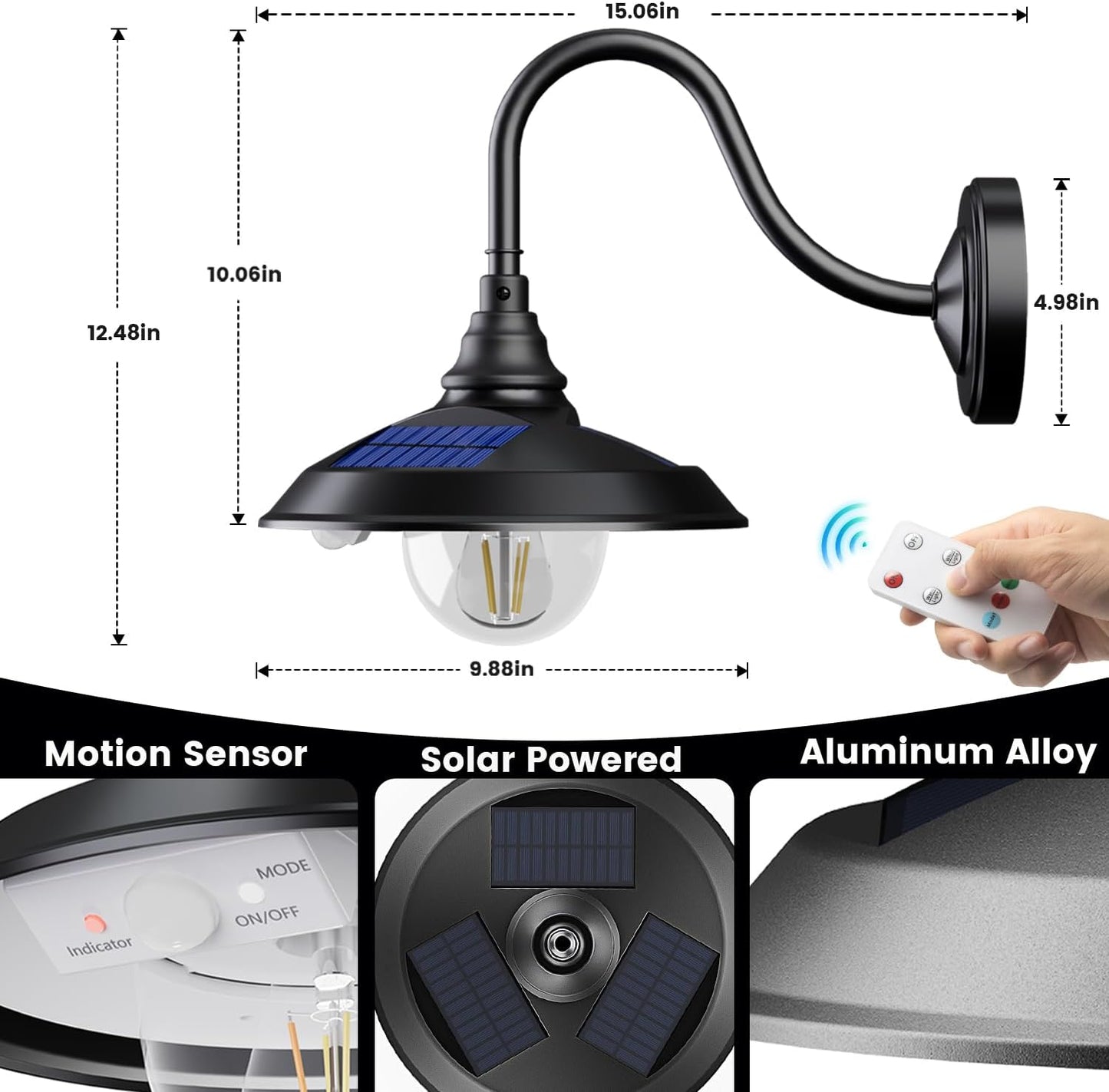 SIEDiNLAR Solar Barn Light Outdoor 3 Modes 2 Lighting, Aluminum Gooseneck Wall Light Vintage Farmhouse Waterproof with Remote & Motion Sensor for Barn Garage Shed Chicken Coop Porch Black (1 Pack)