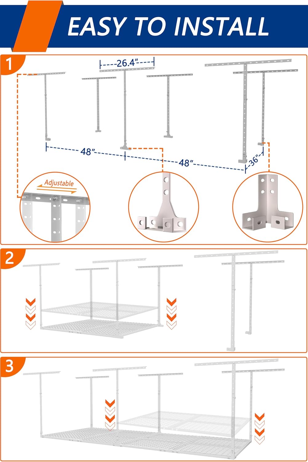 3 x 8FT Overhead Garage Storage Rack,Adjustable Ceiling Storage Racks,Garage Shelving Heavy Duty Storage Organizer System,600lbs Weight Capacity(White)