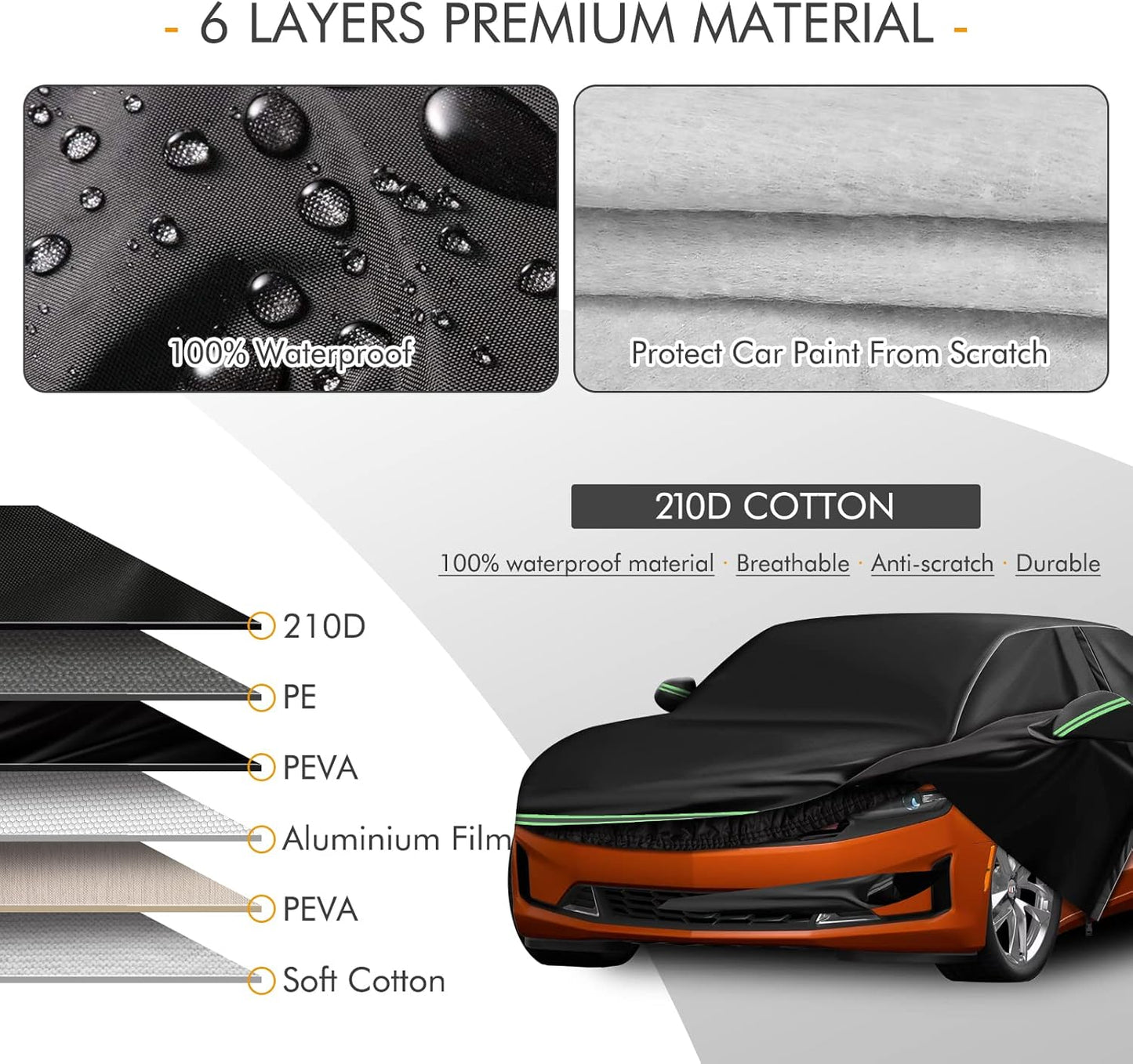for Chevy Camaro 2010-2022 Car Cover 210D Outdoor Waterproof UV Protection, Custom-fit Protective Full Covers with Cotton Layer, Zipper Door, Reflective Strip, Storage Bag