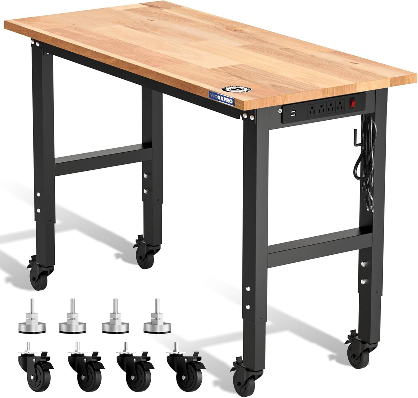 WORKPRO Garage Workbench, 48"X22" Adjustable Workbench with Wheels and Leveling Foot, Rubber Wood Top Work Desk with Power Outlets, 1500 LBS Workbenches for Garage, Workshop