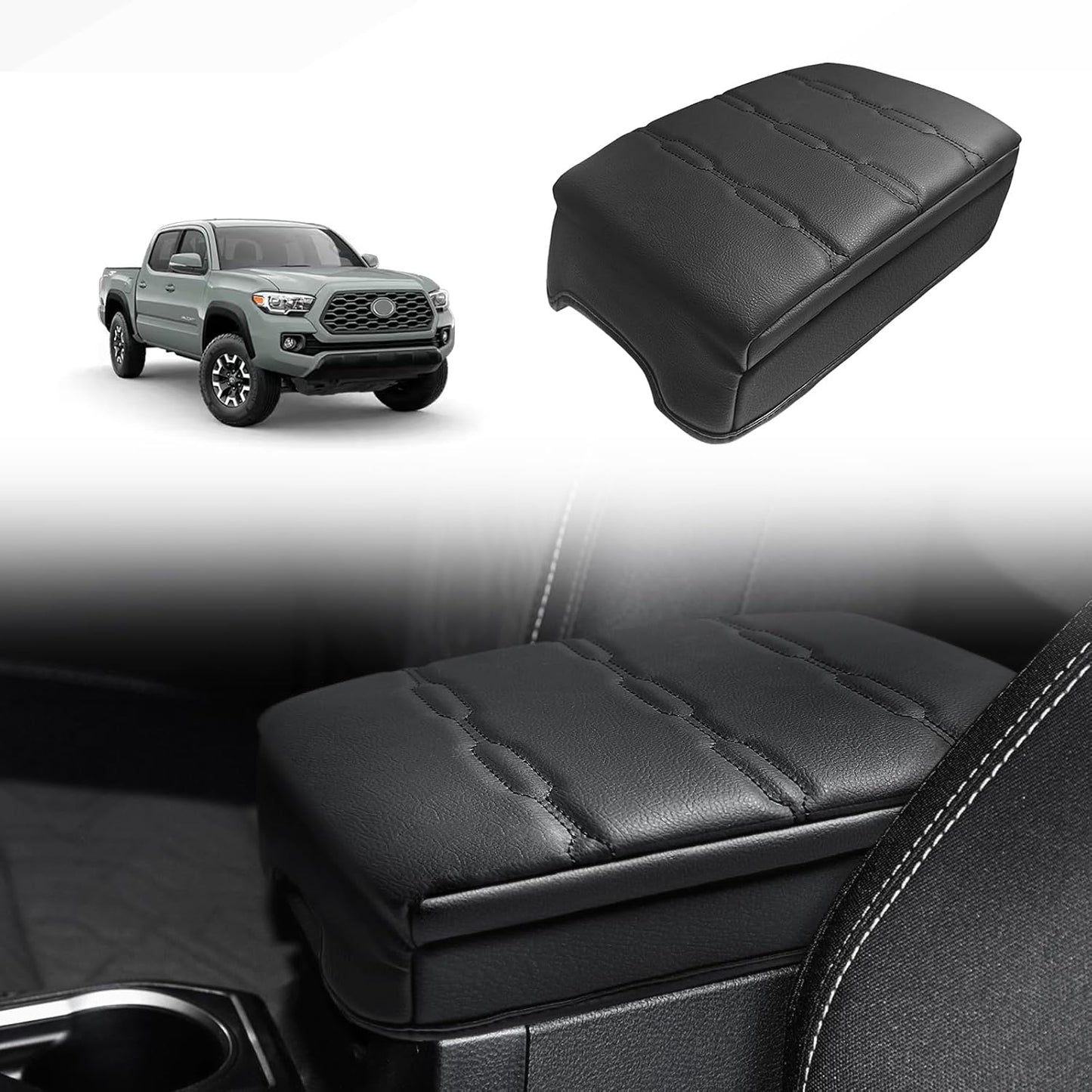 Muslogy Center Console Armrest Cover Compatible with Toyota Tacoma 2016-2023 Comfort Armrest Pad Arm Rest Cushion Vegan Leather Protector 1-Inch Extra Thick