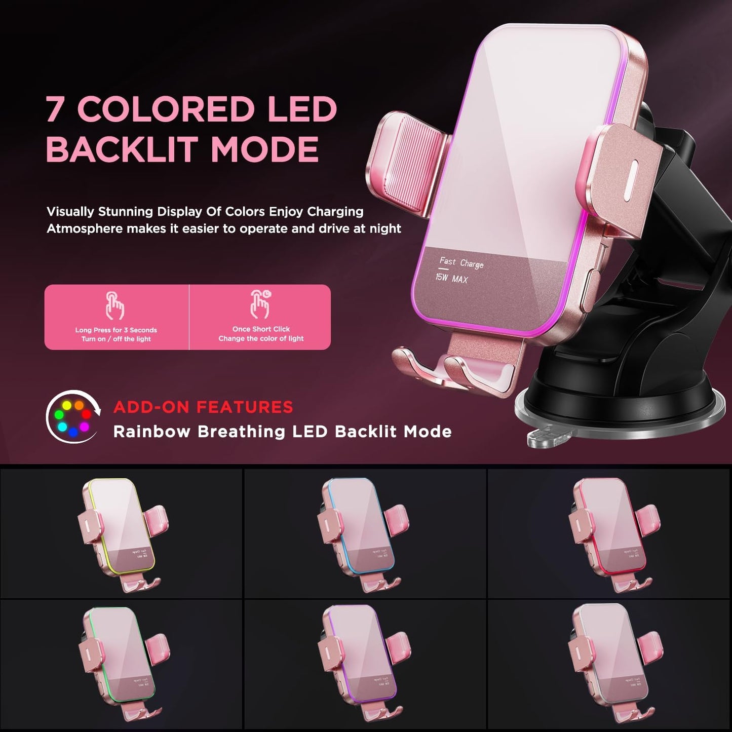 Wireless Car Charger,【7 Colored LED Backlit】 15W Auto Clamping Car Charger Phone Mount Holder fit for iPhone 14 13 12 Mini Pro Max 11 XR XS, Samsung Galaxy S23 Ultra S22 S21+ S10+ Note 20, etc - Pink