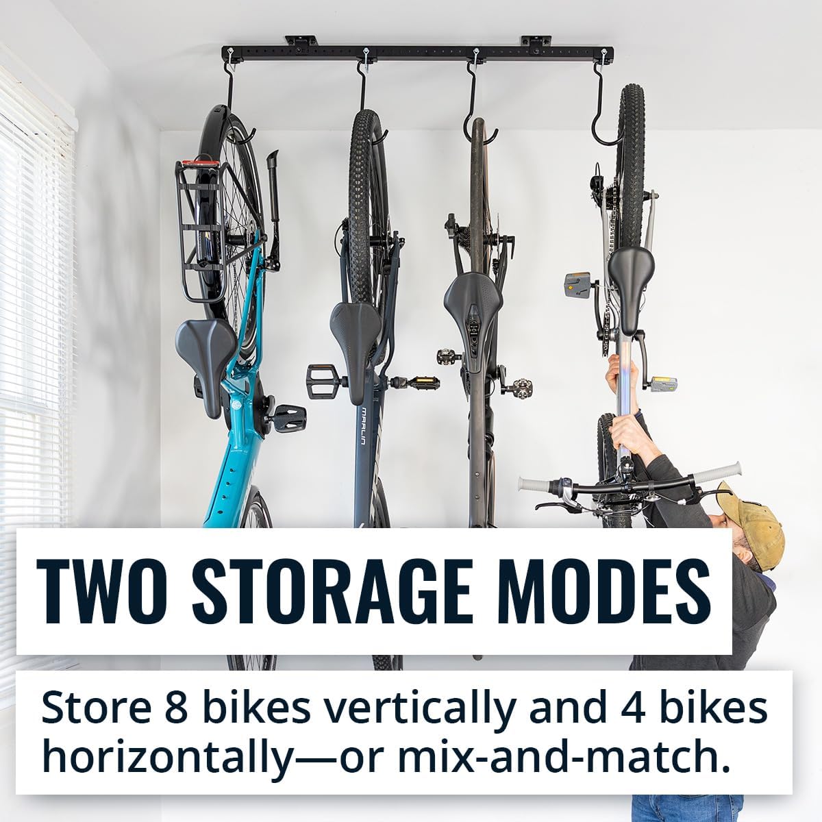 Teal Triangle Ceiling Mounted Bike Rack for Garage - Premium Bicycle Stand & Hanger for Space-Saving Storage | Adjustable Ceiling Hooks Hold 4-8 Bikes - Indoor Bicycle Rack System for basement