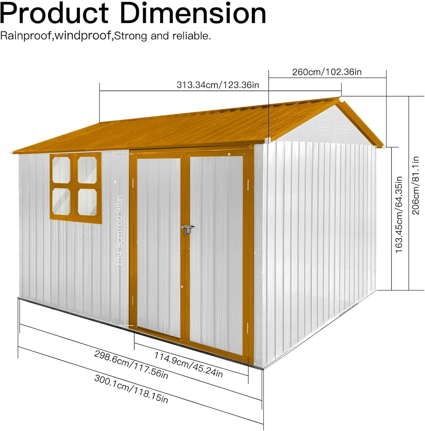 8x10 FT Outdoor Storage Shed, Metal Garden Shed with 4-pane Window, Outside Tool Shed with Lockable Hinged Doors & 4 Air Vents, Waterproof Storage Building for Backyard, Patio, Lawn, White+Yellow
