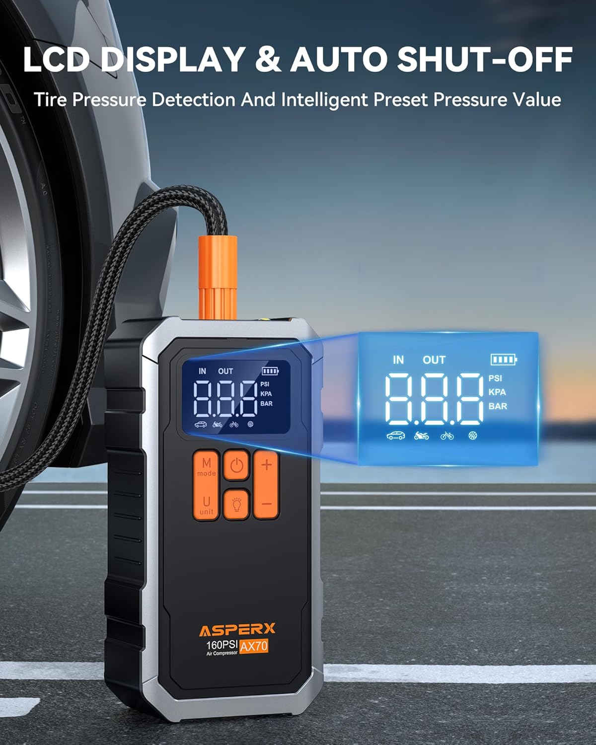 AsperX 160PSI Cordless Tire Inflator Air Compressor – Portable Rechargeable Air Pump with LCD Display, Auto Shut Off, LED Light & Carrying Case | Fast Inflation for Car Tires, Bike, Motorcycle, Balls