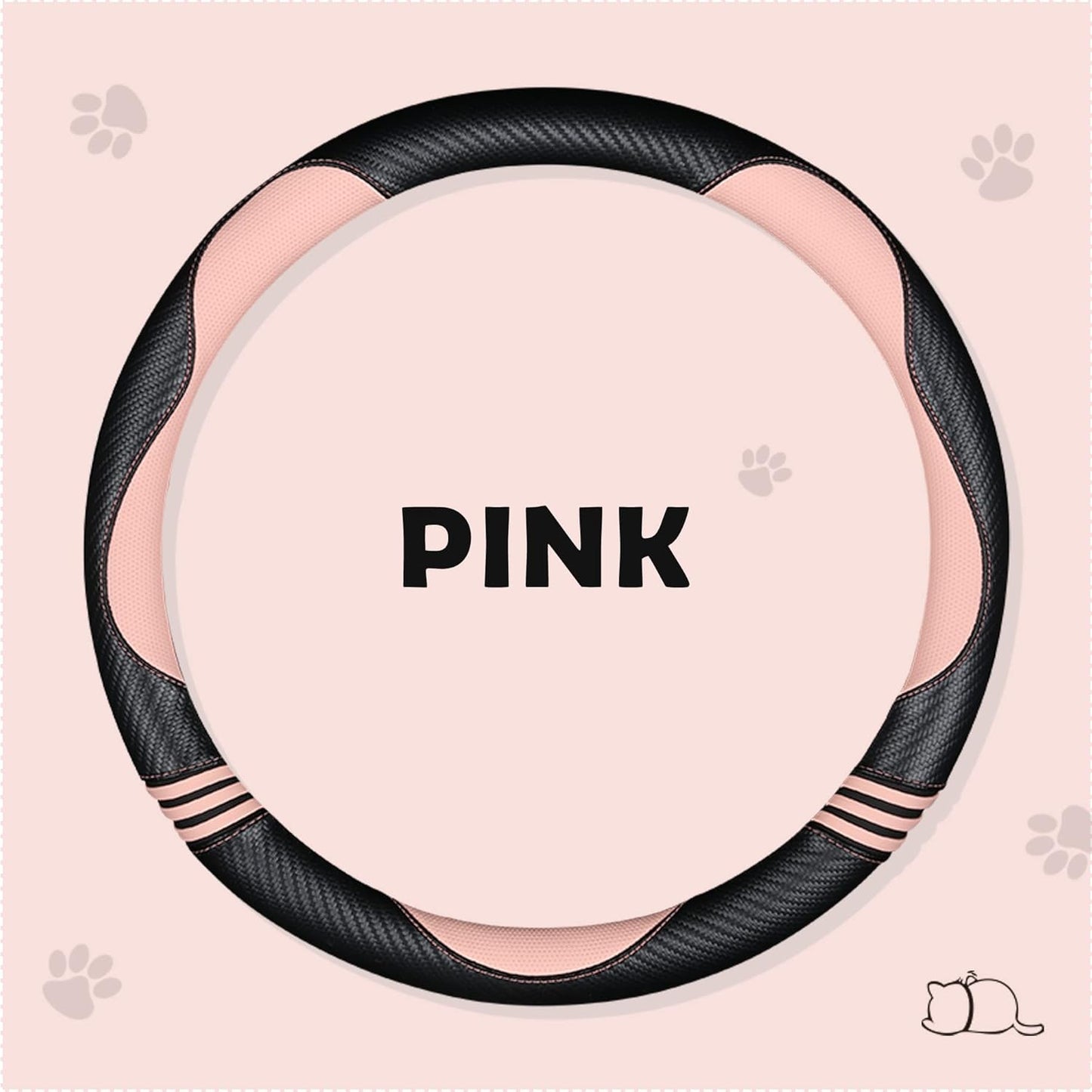 Car Steering Wheel Covers for Women Girl Padded Carbon Fiber PU Leather Cute Cartoon Auto Interior Accessories for Jeep, Truck, Universal, Anti Slip, Pink, Large Size 15.5-16"(39-41cm)