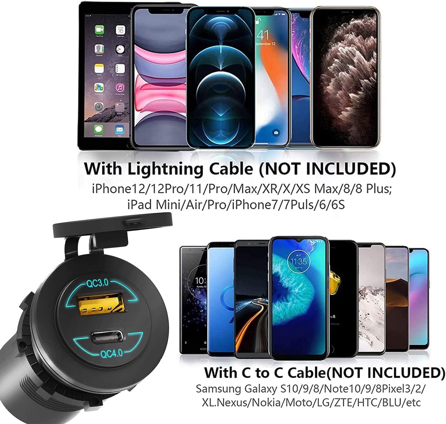 2 Pack 12V USB Outlet - 90W(Max) Dual Ports QC4.0 PD & Quick Charge3.0 Car Charger Socket with LED Indicator - Waterproof USB C Port for Car Boat Marine Motorcycle RV Truck ATV Golf Cart