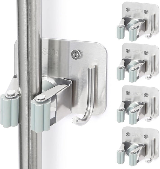 Broom Holder Wall Mount Screw Drilling, Sturdy Heavy Duty Stainless Steel Mop Gripper Rack Perforated, Perfect for Laundry Room Organizer, Fit with Laundry Kitchen Garage Garden Storage System