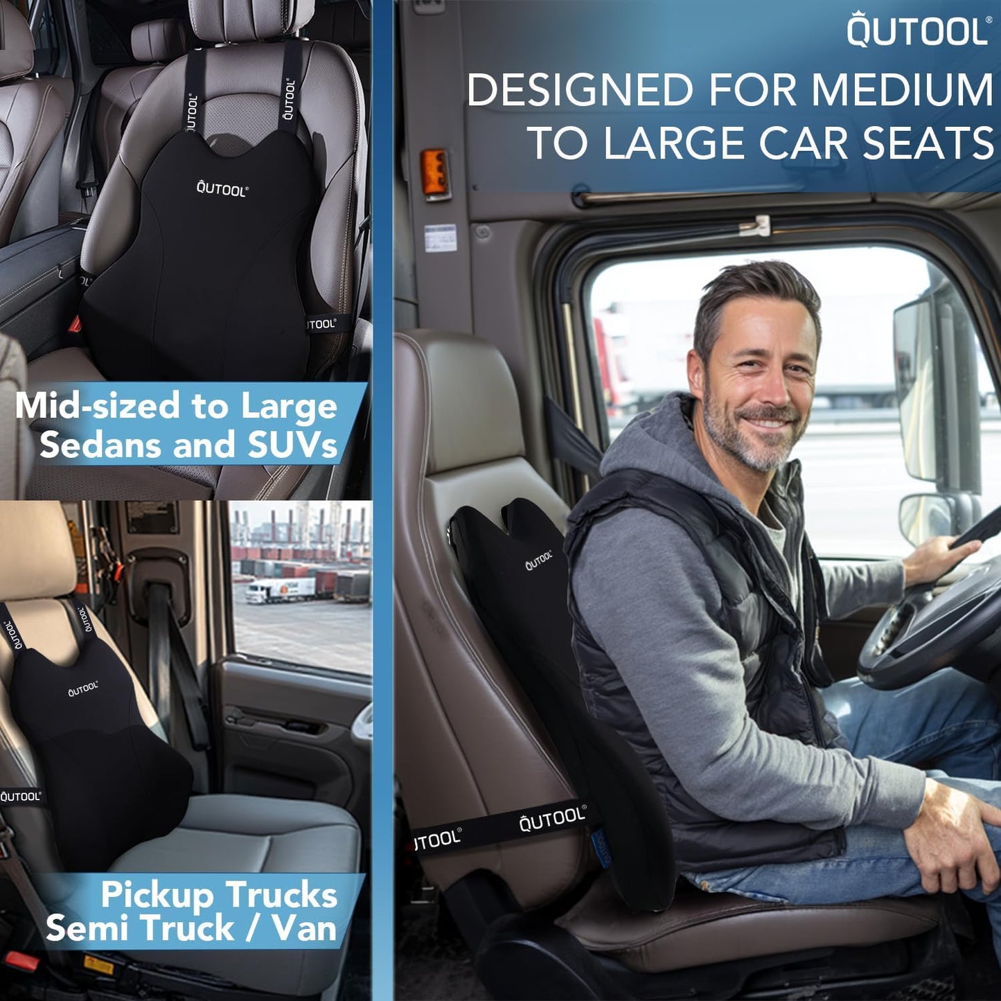 QUTOOL Lumbar Support Pillow for Car, Truck Accessories Travel Essentials, Memory Foam Back Cushion for Driving Seat, Back Pain Relief,Washable Cover, Lower Back Support Fits Most Cars(Black)