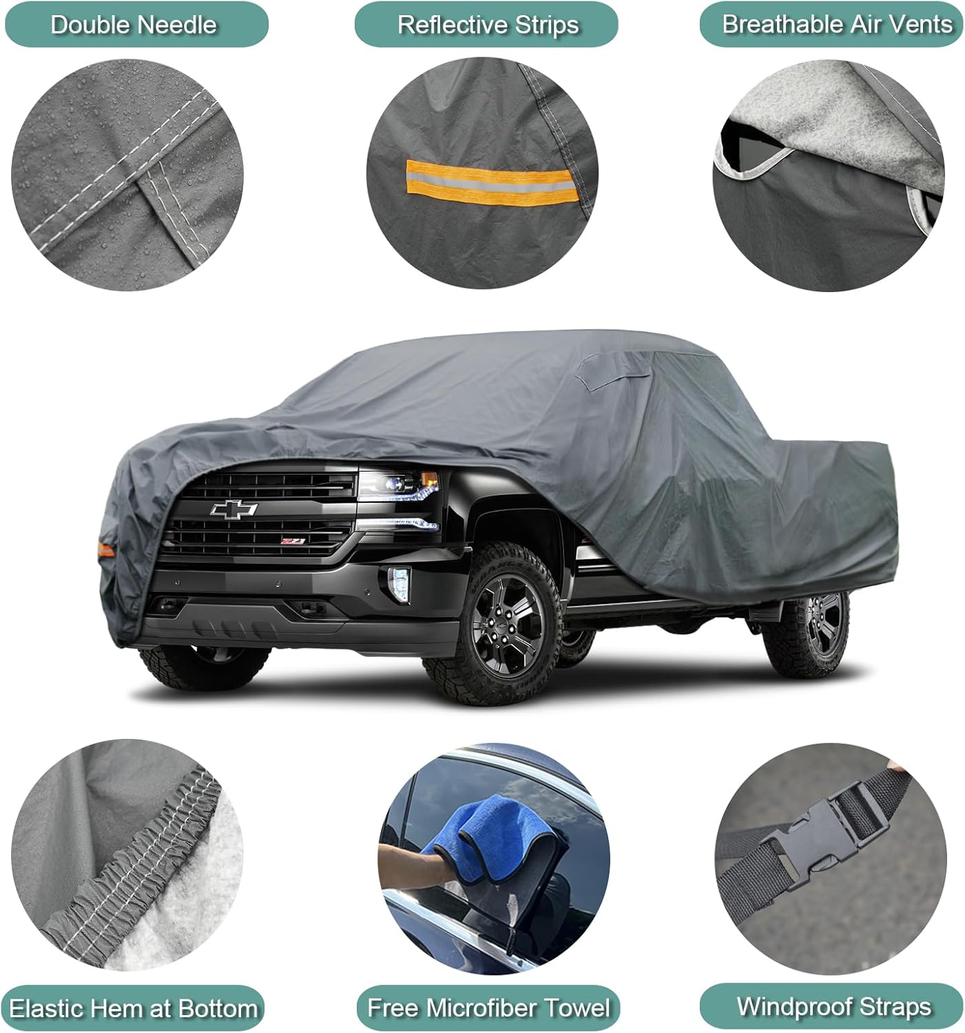 16 Layers Truck Cover Waterproof All Weater - See Vehicle Size Chart - Heavy Duty Outdoor Truck Pickup Cover for RAM 1500 2500 3500, Toyota Tundra, Nissan Titan. Length up to 242 inch.