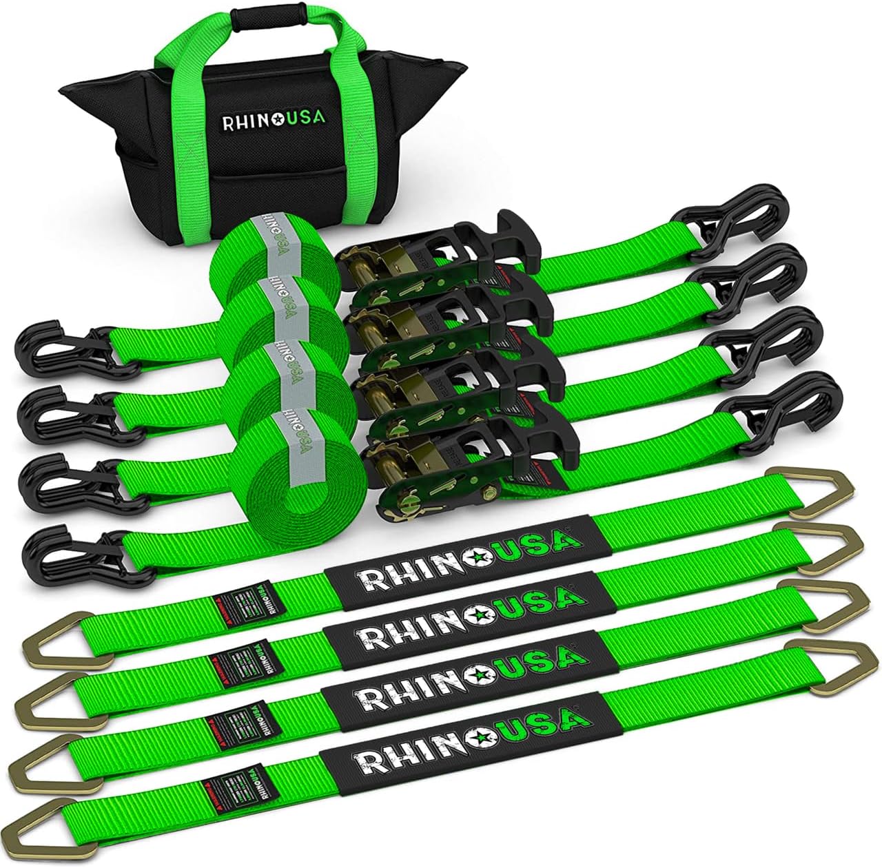 Rhino USA Car Tie Down Straps for Trailers with J Hooks (4-Pack) – 2" x8' (10,000lb Break Strength) – Heavy Duty Car Hauler Tire Straps with Axle Straps for UTV, Powersports & More – Green