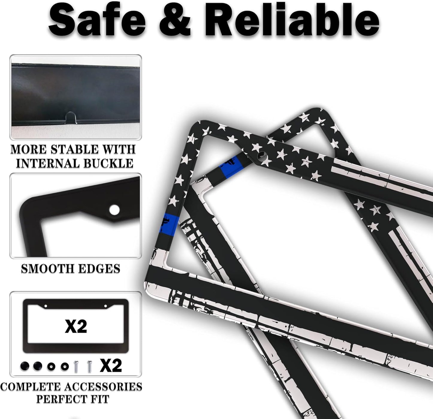 License Plate Frames Black, White, and Blue License Plate Frame American Flag USA Flags Universal Aluminum Car Accessory 2 Pack with Screw Covers Set