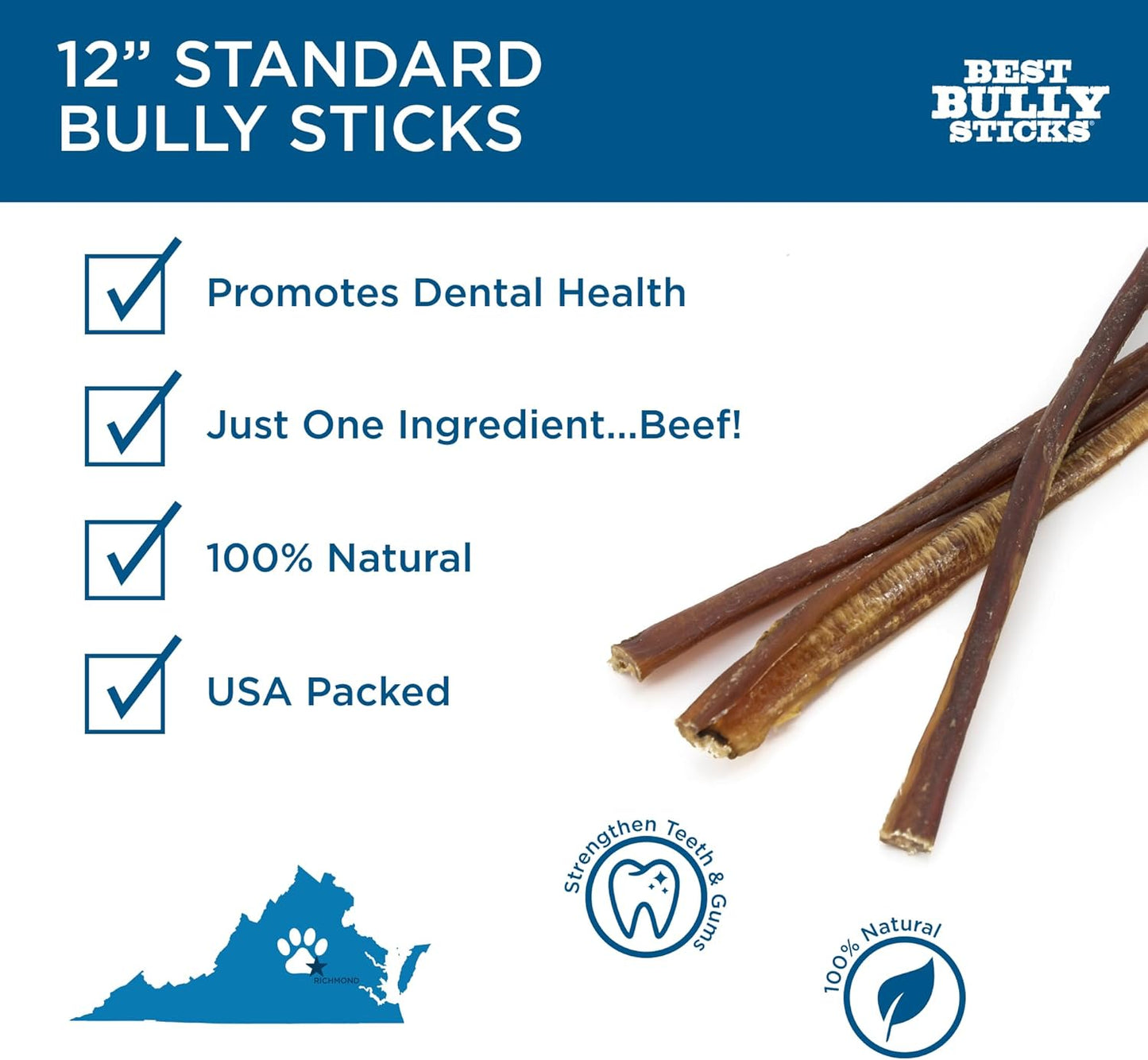 Best Bully Sticks 12 Inch Bully Sticks for Dogs - 12 Count (Pack of 1) - Natural, Easily Digestible, 100% Grass-Fed Beef, Grain and Rawhide Free