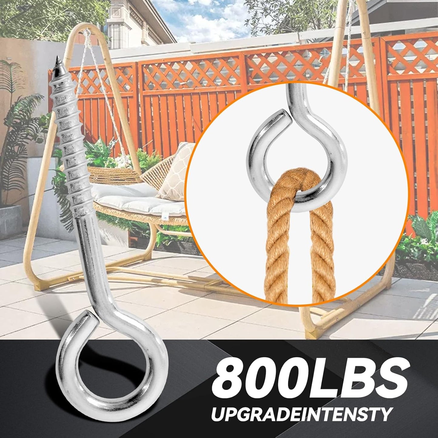 4Pcs 6 Inch Heavy Duty Screw Eyes Hooks, 304 Stainless Steel Self Tapping Eyelet Screw Eye Bolts,800LBS Breaking Strength, Screw in Eye Hooks for Wood Securing Cables Wire. (4, M10-6 Inch)