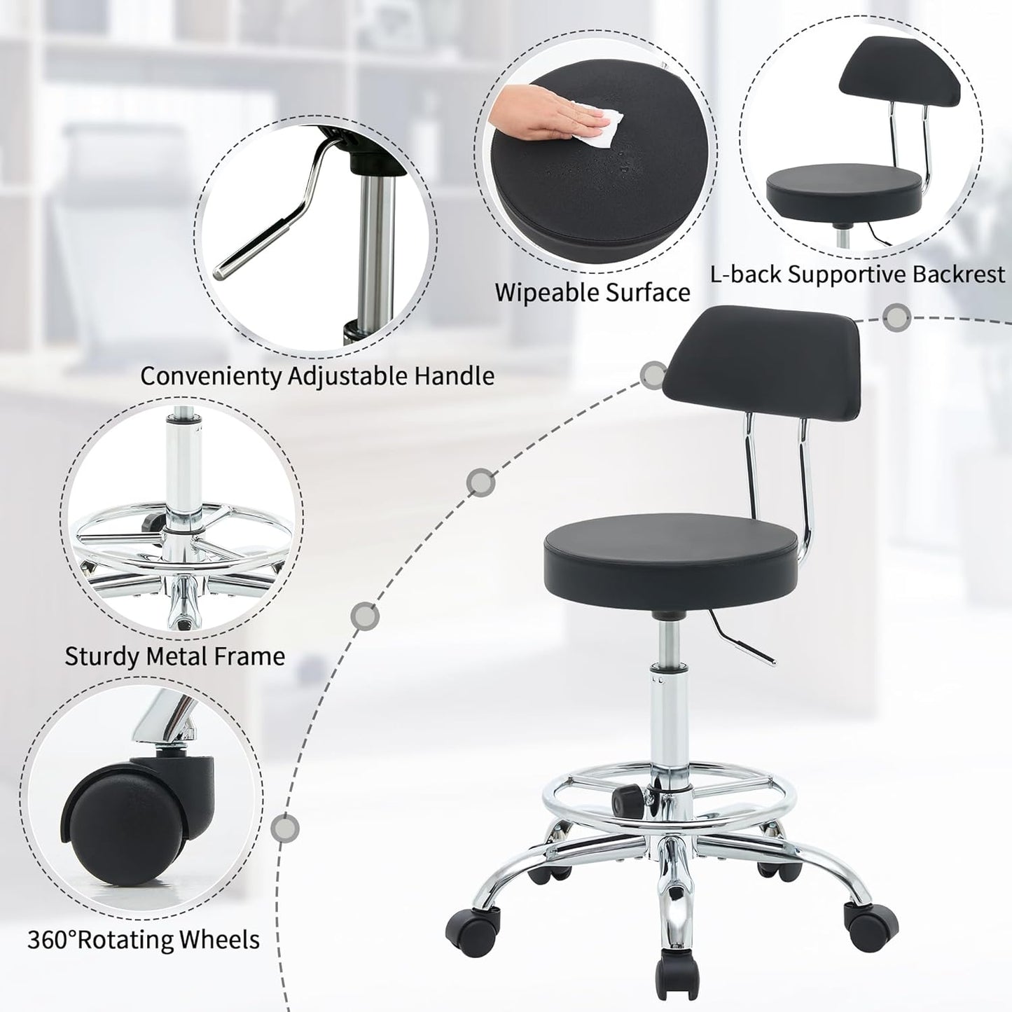 Office Chair with Back (Adjustable Height Posture Stool 19.5’’-26.6’’)(Drafting Chair on Wheels) Work Stool with Footrest (Black)