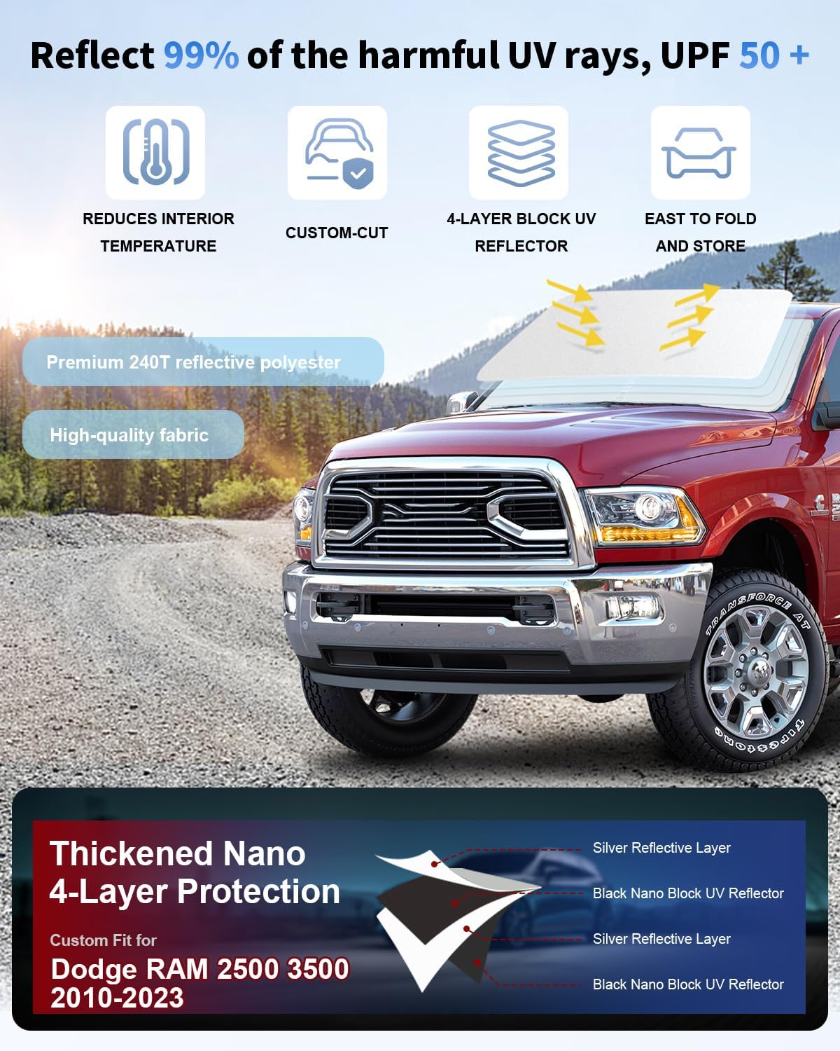 Sun Shade Sunshades for Dodge RAM 2500 3500 Truck Accessories Windshield Cover Front Window Sun Shield Fits RAM 2500 2010-2025 2026 2Dr RegularCab, 4Dr QuadCab, CrewCab, MegaCab Sun Visor Protector