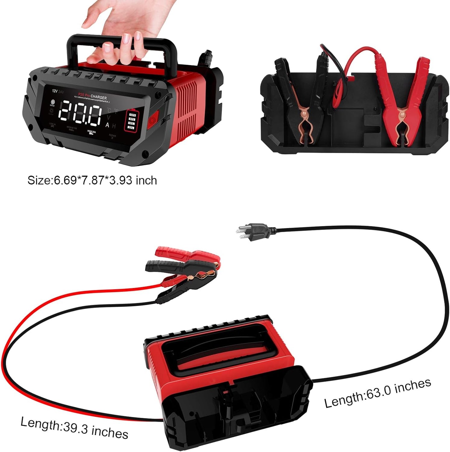 20-Amp Car Battery Charger, 12V/24V Smart Automotive Charger, Battery Maintainer, Trickle Charger for Car, Motorcycle, Boat, Lead-Acid, Lithium, LiFePo4 Battery