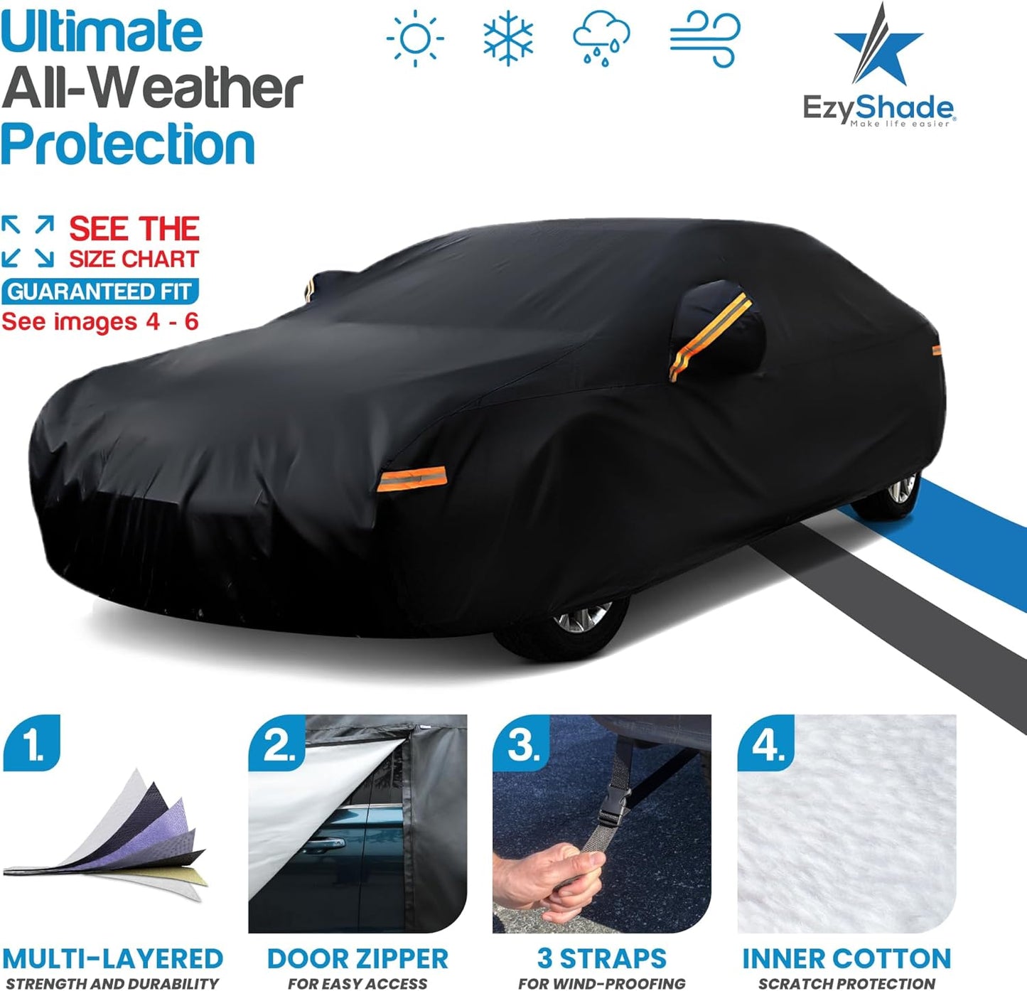 EzyShade 10-Layer Car Cover Waterproof All Weather. See Vehicle Size-Chart for Accurate Fit. Outdoor Full Exterior Covers for Automobiles Sedan Hatch. Rain Sun Snow. Black, Size A2 (See SizeChart)