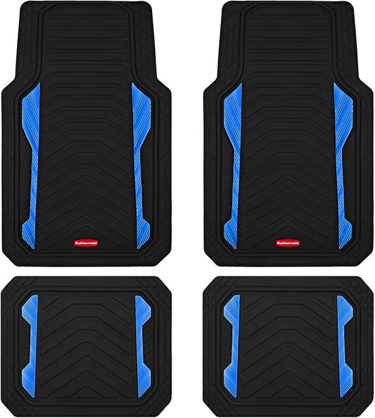 Rubbermaid Car Floor Mat, Heavy Duty All-Weather Car Mats Full Set with Dual-Tone Blue Aluminum Inserts – Universal Fit, Anti-Slip Backing, Trim-to-Fit for Most SUV, Sedan, Van