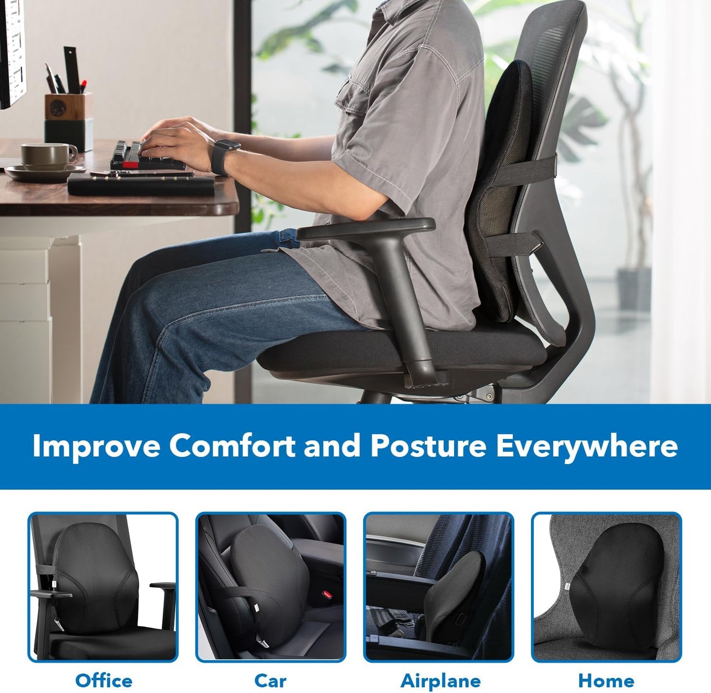 Mount-It! Office Chair Cushion, Lumbar Support Pillow for Office Chair, Back Support Pillow for Desk Chair, Gaming, Home or Car with Memory Foam Filling, Relief Back Pain Improve Posture, Black Large