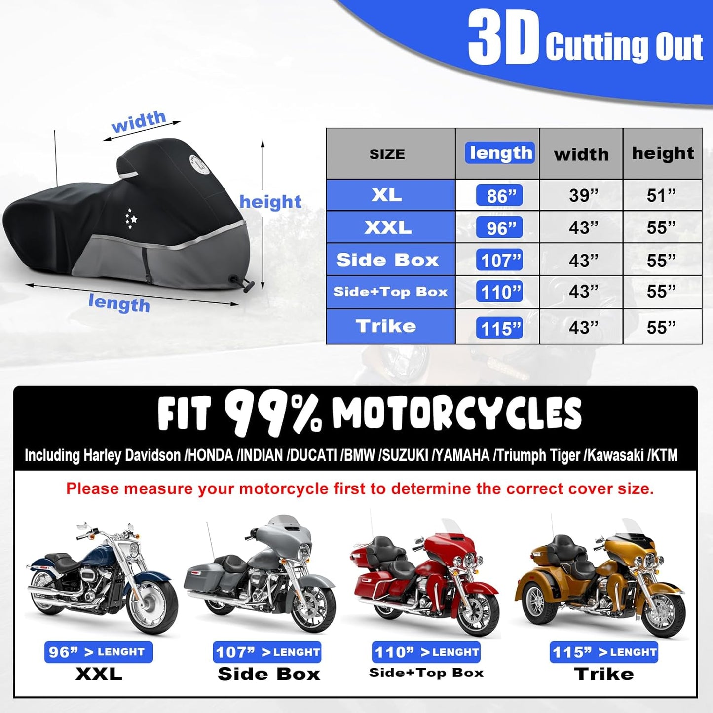 Motorcycle Cover Storage for Touring Models Harley Davidson Road King,Road Glide,Street Glide, Electra Glide,Heritage Classic,Low Rider-ST,and Most Motorcycles Blue