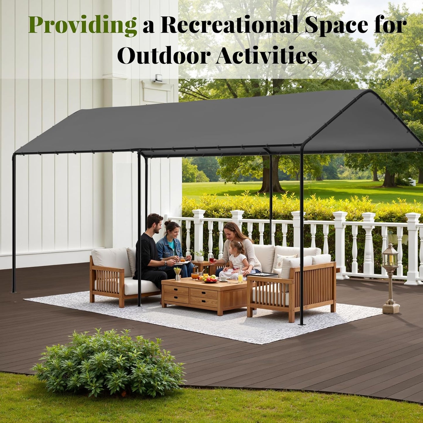 Carport, 10‘ x 20’ Heavy Duty Portable Garage All-Season Car Canopy w/Removable Sidewall & Doors, Carport Canopy Party Tent w/Water-Resistant Tarp for Backyard (Grey, 10' x 20' /no Side)