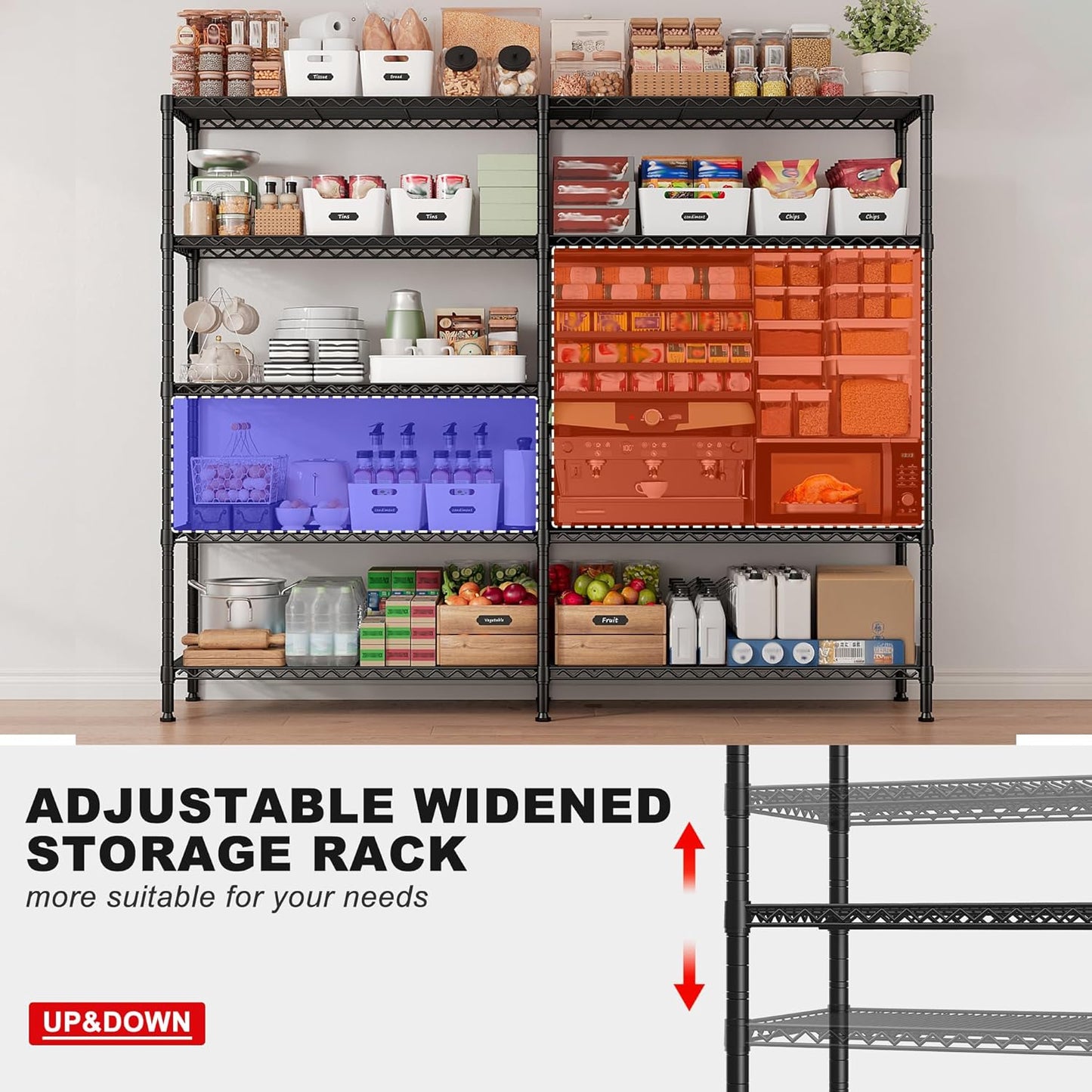 REIBII 1500LBS Storage Shelves Metal Shelving Unit 61.7''W Wire Shelving, 5 Tier Pantry Shelves Kitchen Shelves Adjustable Wire Shelf for Commercial Garage Shelving Heavy Duty, 61.7" W*72.4" H*15.8" D