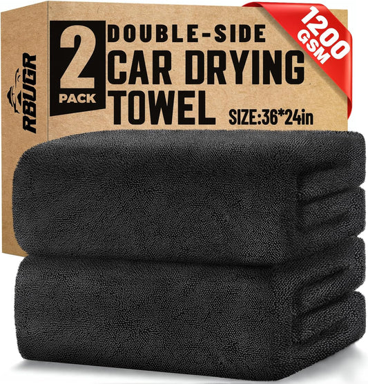 Microfiber Towels for Cars, 2 Pack 1200GSM Car Drying Towel(24″x 36″), Dual Sided Drying Towels Car Detailing, Ultra Absorbent Car Cleaning Towel, No Streak, No Scratch, No Water Spots