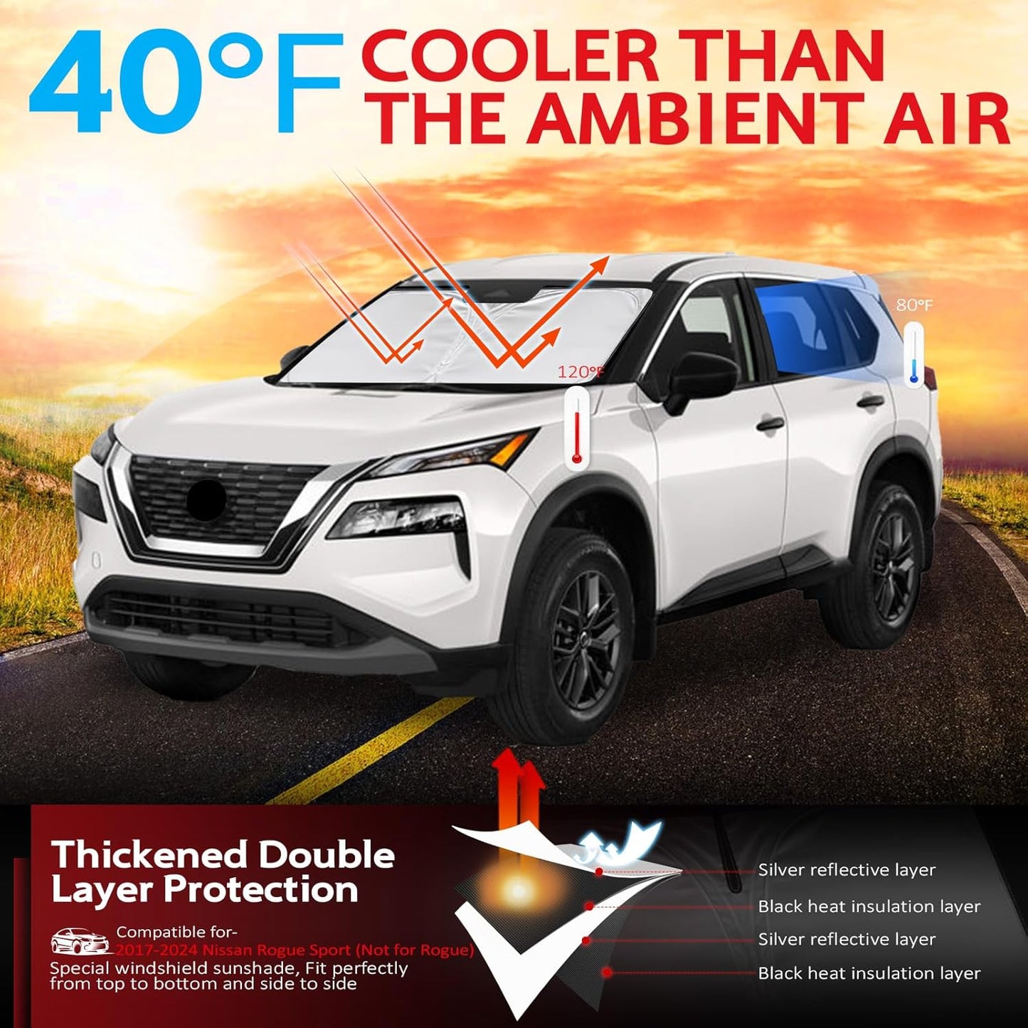 KAYZT Windshield Sun Shade for 2017-2024 Nissan Rogue Sport (Not for Rogue) Foldable Sunshade Front Window Custom Fit Car Accessories