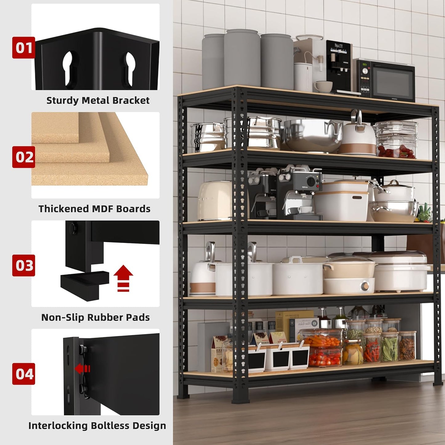 5-Shelf Heavy Duty Shelving - Adjustable Garage Storage Shelves, Metal Utility Storage Racks for Warehouse Pantry Basement Kitchen, Garage Organizers Shef Unit, Black, Packs of 4