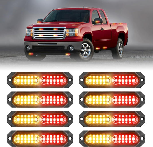 HLauto 1200T Emergency Strobe Grille Lights: 8pcs 12 LED Sync Feature Safety Warning Flashing Lights, Ultra Slim Surface Mount Hazard Caution Lights for Trucks, Vehicles, Car, ATV, UTV (Amber Red)