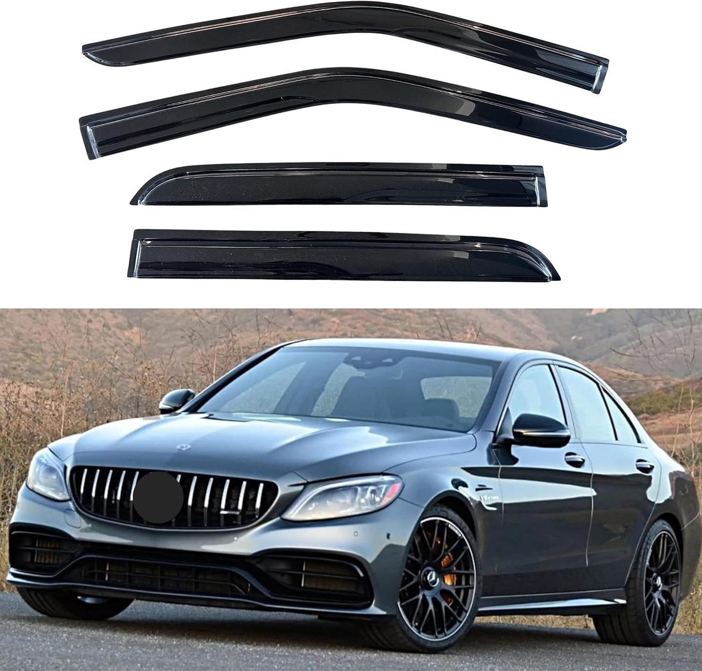 KPY Window Visor Compatible with Mercedes-Benz C-Class Sedan 2015-2021, 4PC Rain Guard Side Window Vent Deflectors Tape-On Mugen Style, 2015 2016 2017 2018 2019 2020 2021 (C300 C450 C43 C63)
