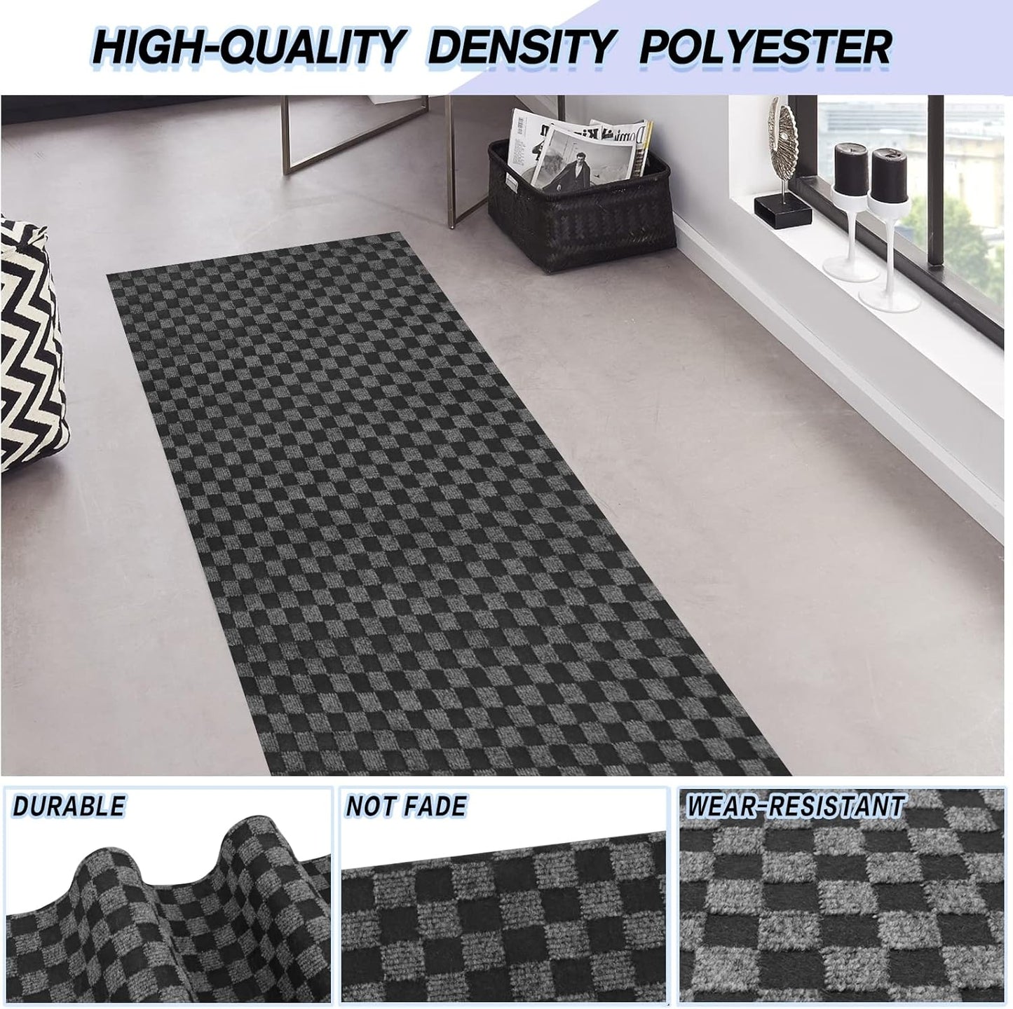 Custom Size Backed Non-Slip Area Rugs Runner, Easy Clean, Waterproof Runner Rugs for Hallway Entryway, Kitchen, Laundry, 4FT x 65FT, Gray Checkered
