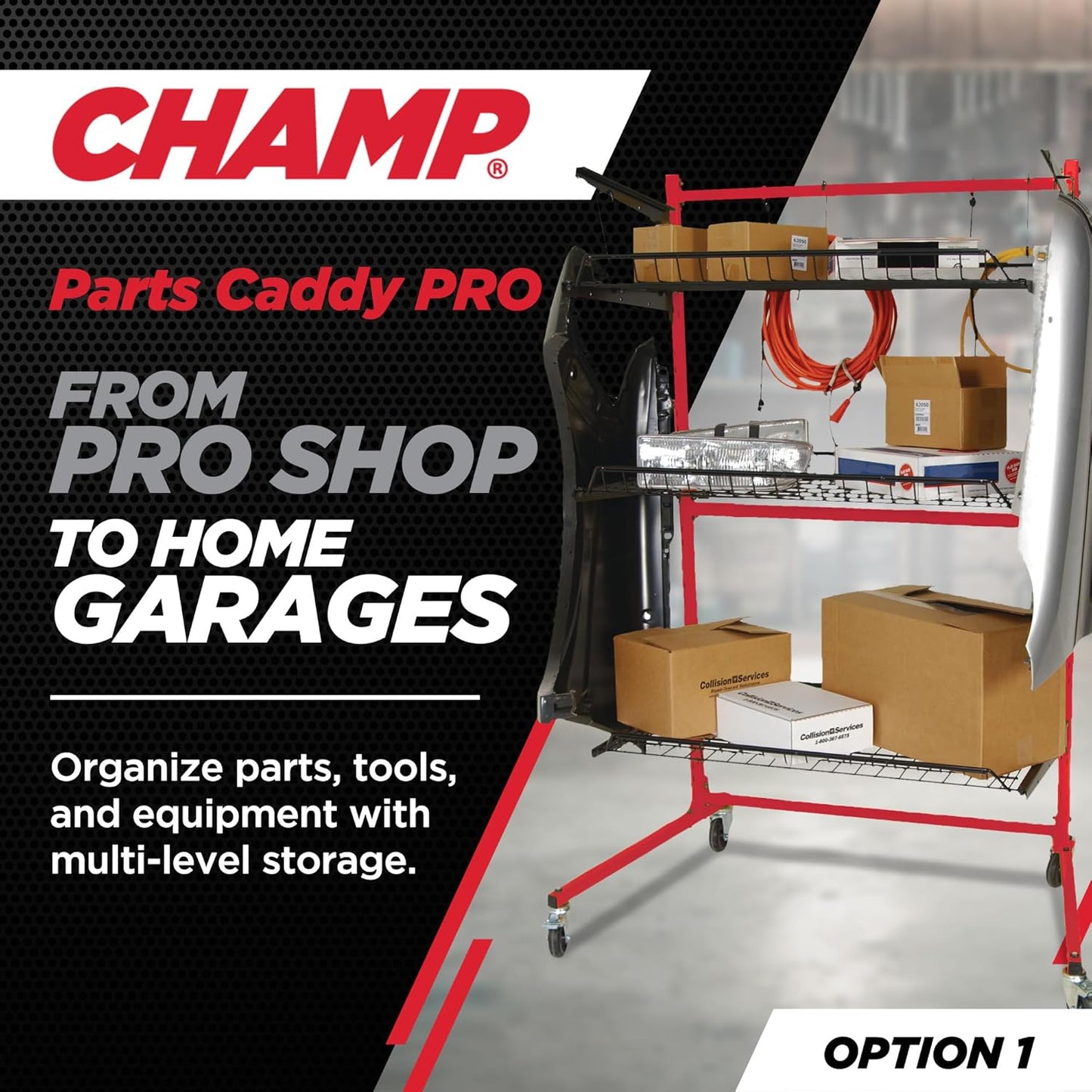 Champ® Parts Caddy Pro™ Auto Body Parts Rack Option 1 with Wheels, All-Steel Cart for Repair Shops and Garages, Locking Casters, 150 lb Capacity Per Shelf, Adjustable Shelves, Powder Coated - Red