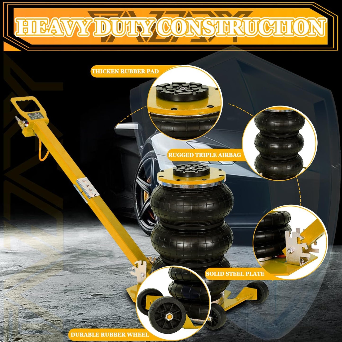 5T Triple Bag Air Jack 11000lbs Pneumatic Jack 3s Fast Lift Up 16in Airbag Jack with Adjustable Long Handle Heavy Duty Triple Air Bag Jack Lift for Cars Garage (Yellow)