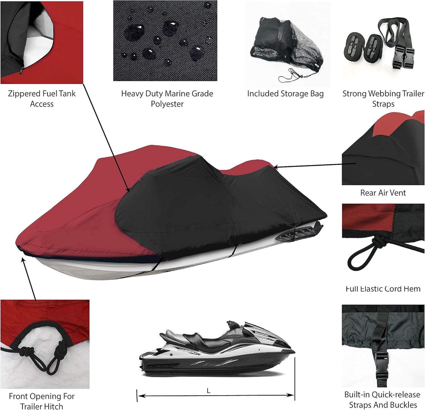 Trailerable Jet Ski Cover, Waterproof Marine Grade 600D Heavy Duty Polyester PWC Cover Burgundy/Black Fits from 103"-115" 1 or 2 Seater