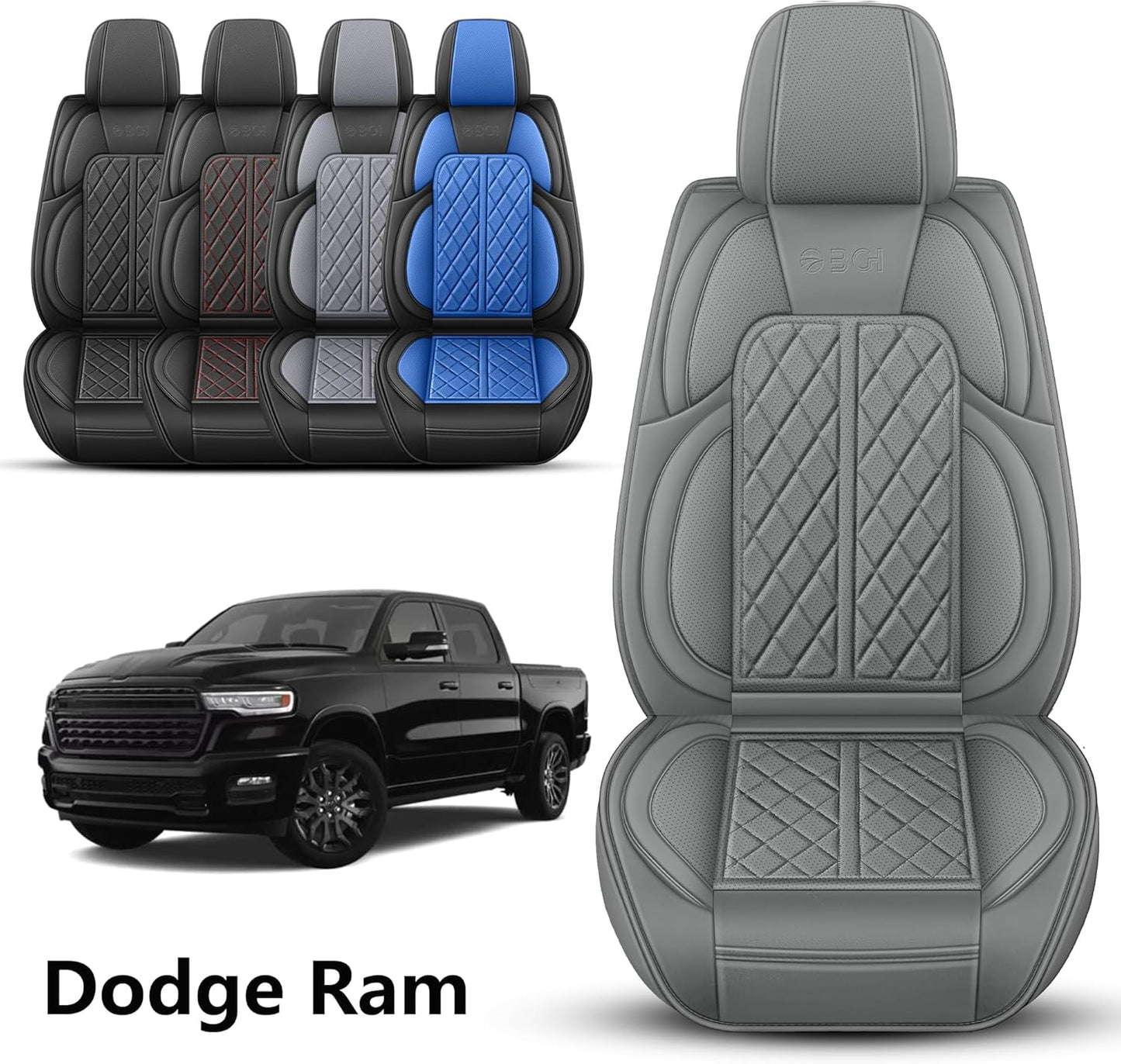 Car Seat Cover Custom Fit for Dodge Ram 1500 2500 3500 2002-2024 Faux Leather Seat Cover Set Compatible with Crew Quad Regular Cab Pickup Truck Cushions (Black Redline, Full Set, Curved Rear)