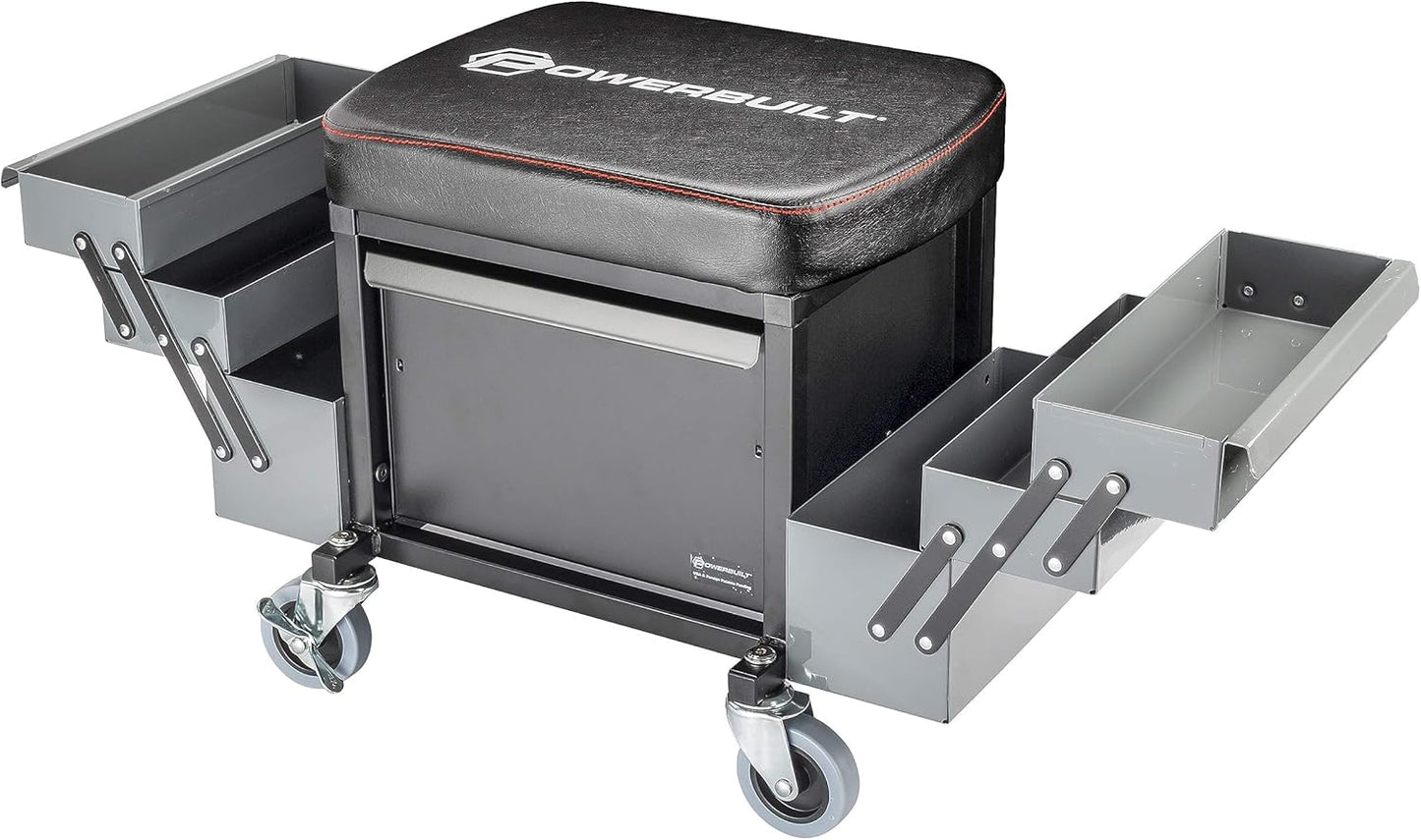 Powerbuilt Rolling Seat with Expandable Tool Trays, Roller Toolbox Garage Stool - Grey 941918ECE
