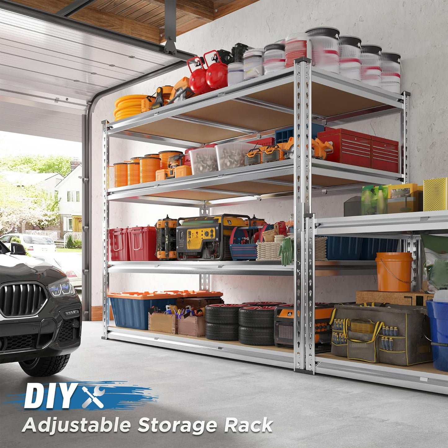 REIBII Garage Shelving, 4 Tier Storage Shelves Load 2550LBS, Adjustable Garage Shelving Heavy Duty, Metal Shelves Unit for Basement, Warehouse, 48" W x 60 "H x 24" D, Galvanized