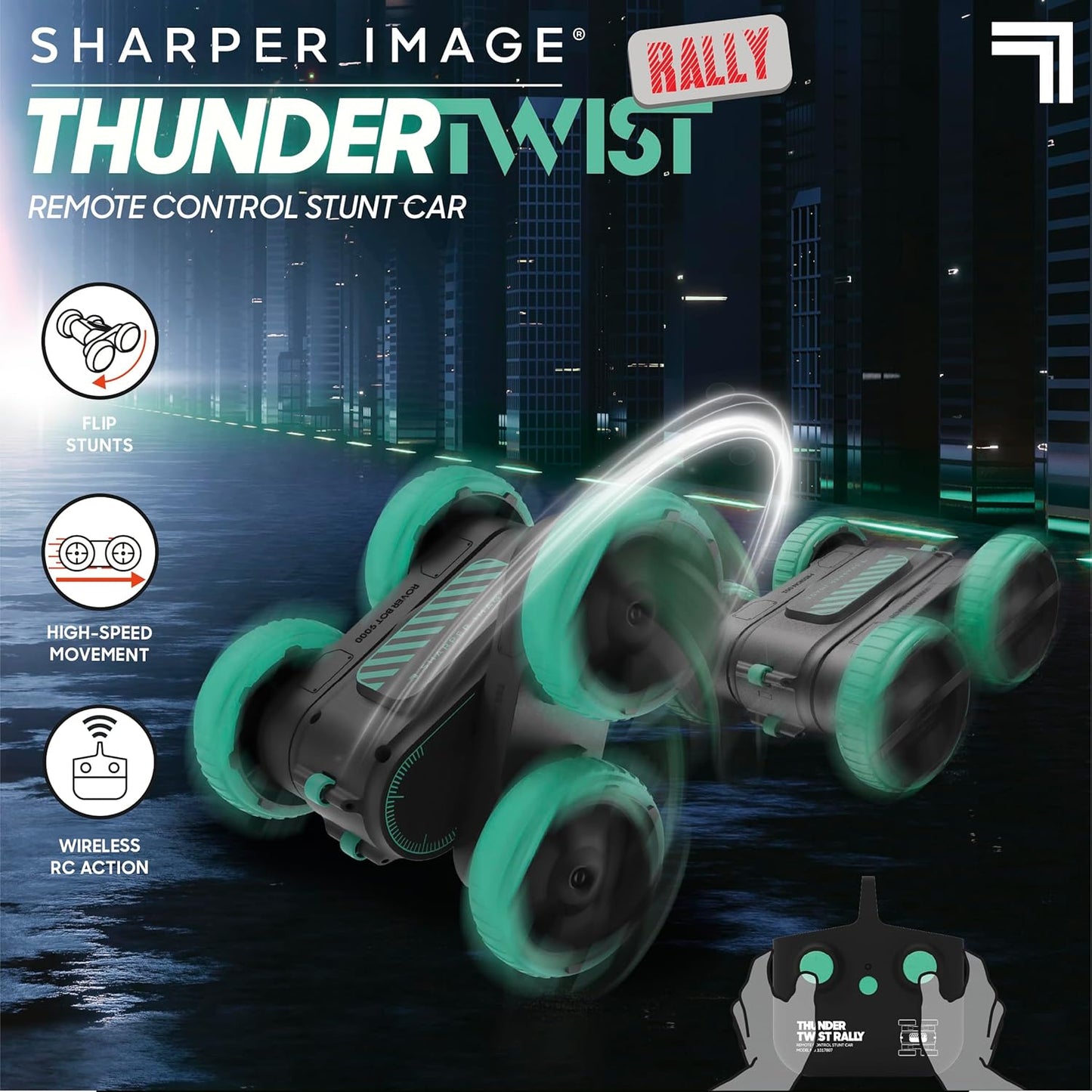 Sharper Image® Thunder Twist Rally - RC Stunt Car with Rechargeable Battery, High-Speed 360° Stunts, Double-Sided Driving, 2.4 GHz Remote Control, LED Lights, Flips & Spins Rotating Car Kids Toy Gift