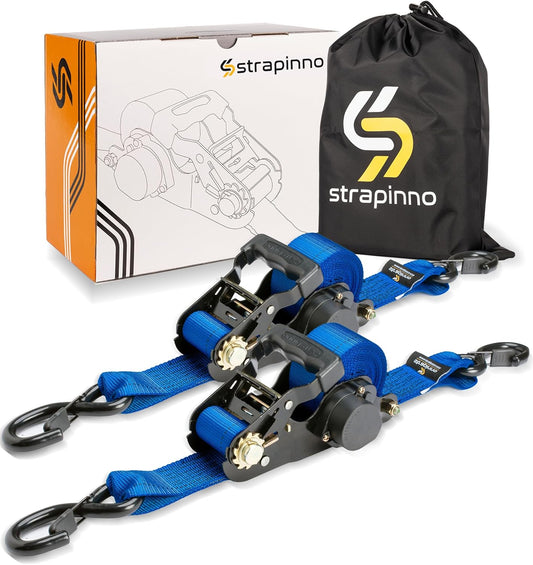 Strapinno 2PCs Retractable Ratchet Tie-Down Straps,5,000 lbs Breaking Strength- 2 in x 12 ft Heavy Duty Ratchet Strap with Safety Lock S Hooks for Motorcycles, ATVs, UTVs, Lawn Equipment & Cargo -Blue
